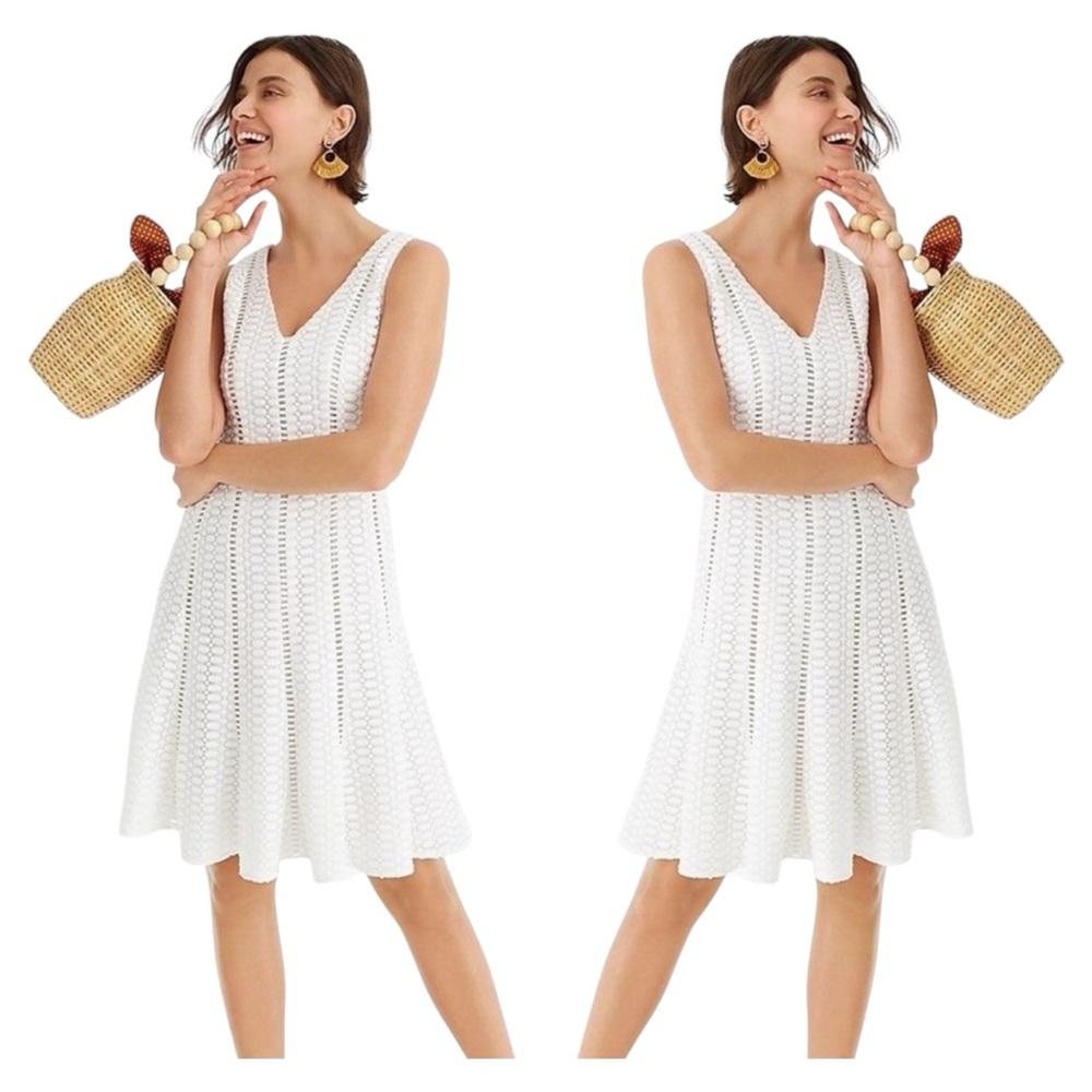 J. Crew White Geometric‎ Lace V-Neck Mini Skater Sleeveless Dress, Size 8